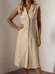 Breezaya 西裝領前紐扣無袖襯衫連衣裙 - 杏色 - 查看 5
