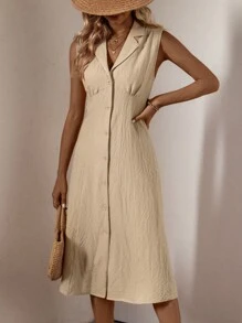 Breezaya 西裝領前紐扣無袖襯衫連衣裙 - 杏色 - 查看 6