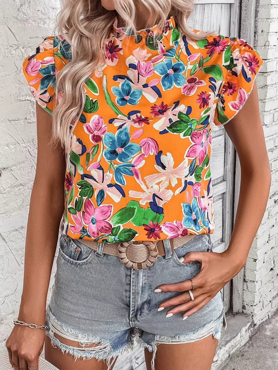 SHEIN VCAY Áo sơ mi nữ viền lá sen Xù Hoa Tất cả trên in Boho - trái cam - Xem 1