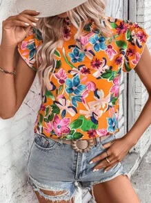 SHEIN VCAY Áo sơ mi nữ viền lá sen Xù Hoa Tất cả trên in Boho - trái cam - Xem 3