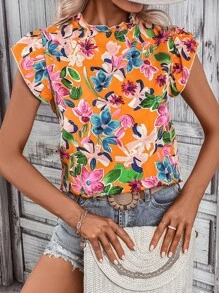SHEIN VCAY Áo sơ mi nữ viền lá sen Xù Hoa Tất cả trên in Boho - trái cam - Xem 6