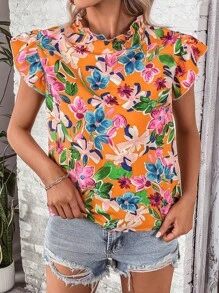 SHEIN VCAY Áo sơ mi nữ viền lá sen Xù Hoa Tất cả trên in Boho - trái cam - Xem 7