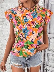 SHEIN VCAY Áo sơ mi nữ viền lá sen Xù Hoa Tất cả trên in Boho - trái cam - Xem 8