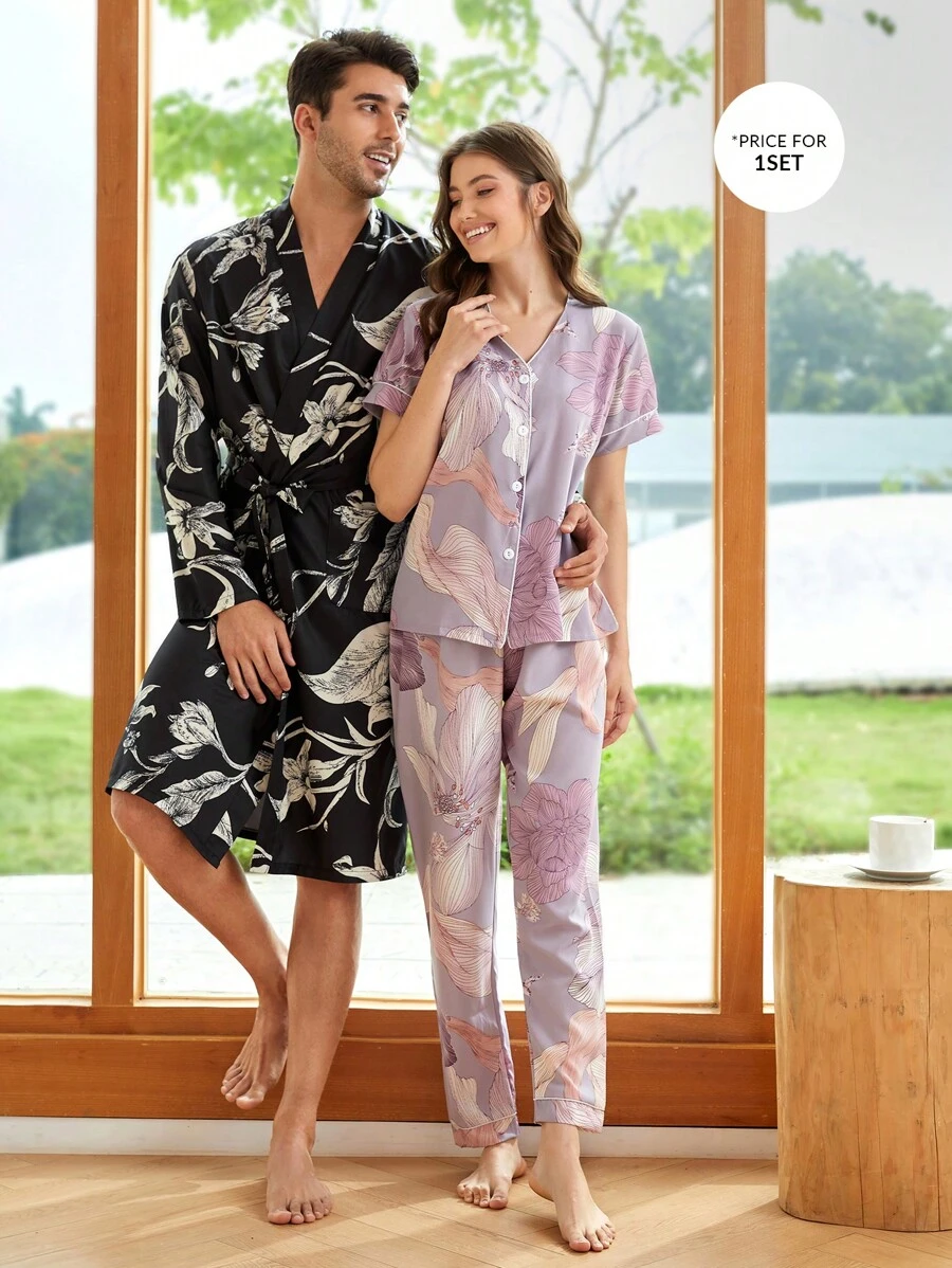 Men 1pc Floral Print Belted Sleep Rope - Black - View 1