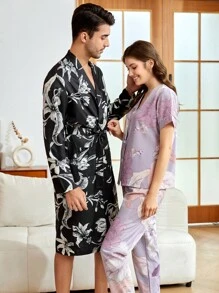 Men 1pc Floral Print Belted Sleep Rope - Black - View 2