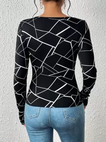 SHEIN Privé Geo Print Cut Out Front Tee - Black - View 2