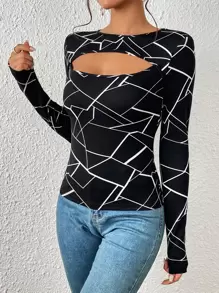 SHEIN Privé Geo Print Cut Out Front Tee - Black - View 5