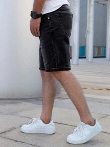男士斜口袋牛仔短褲 - 黑色 - 查看 7