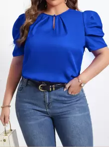 SHEIN Privé Plus Keyhole Neck Puff Sleeve Blouse - Royal Blue - View 6