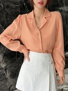 DAZY Solid Button Front Shirt Long Sleeve Top - Orange - View 6