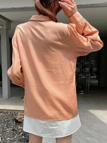 DAZY Solid Button Front Shirt Long Sleeve Top - Orange - View 2