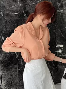 DAZY Solid Button Front Shirt Long Sleeve Top - Orange - View 5