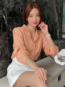 DAZY Solid Button Front Shirt Long Sleeve Top - Orange - View 1