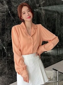 DAZY Solid Button Front Shirt Long Sleeve Top - Orange - View 8