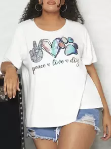 SHEIN CURVE+ 大碼愛心和字母圖案T恤 - 白色 - 查看 1