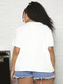 SHEIN CURVE+ 大碼愛心和字母圖案T恤 - 白色 - 查看 2