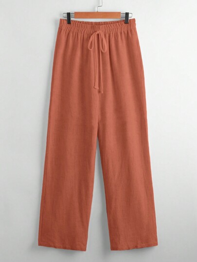 SHEIN Frenchy 素色腰上打結闊腿褲