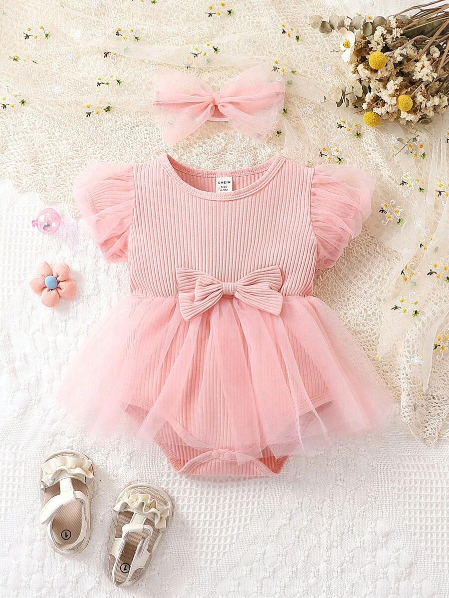 SHEIN Body elegante de niña bebé rosa con falda y mangas de malla - Rosa Pálido - Ver 1