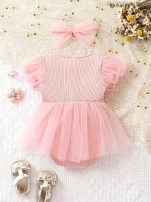 SHEIN Body elegante de niña bebé rosa con falda y mangas de malla - Rosa Pálido - Ver 2