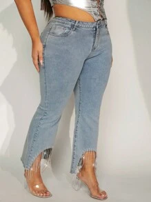 大碼毛邊水鑽流蘇傘狀牛仔褲 - 淺色水洗藍 - 查看 4