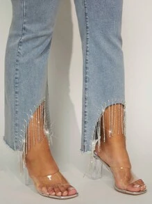 大碼毛邊水鑽流蘇傘狀牛仔褲 - 淺色水洗藍 - 查看 5