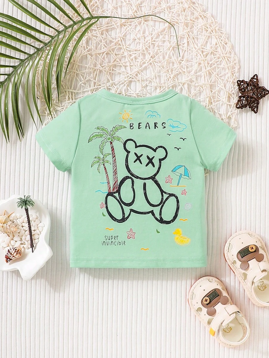 SHEIN Baby Bear & Coconut Tree Print Tee - Green - View 1