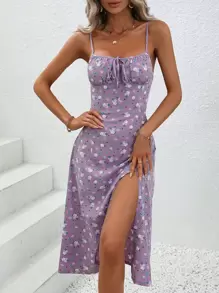 Breezaya Đầm Thắt nút Tách cao Nếp gấp Phần Ngực Họa tiết hoa Boho - Màu Lilac Tím - Xem 3