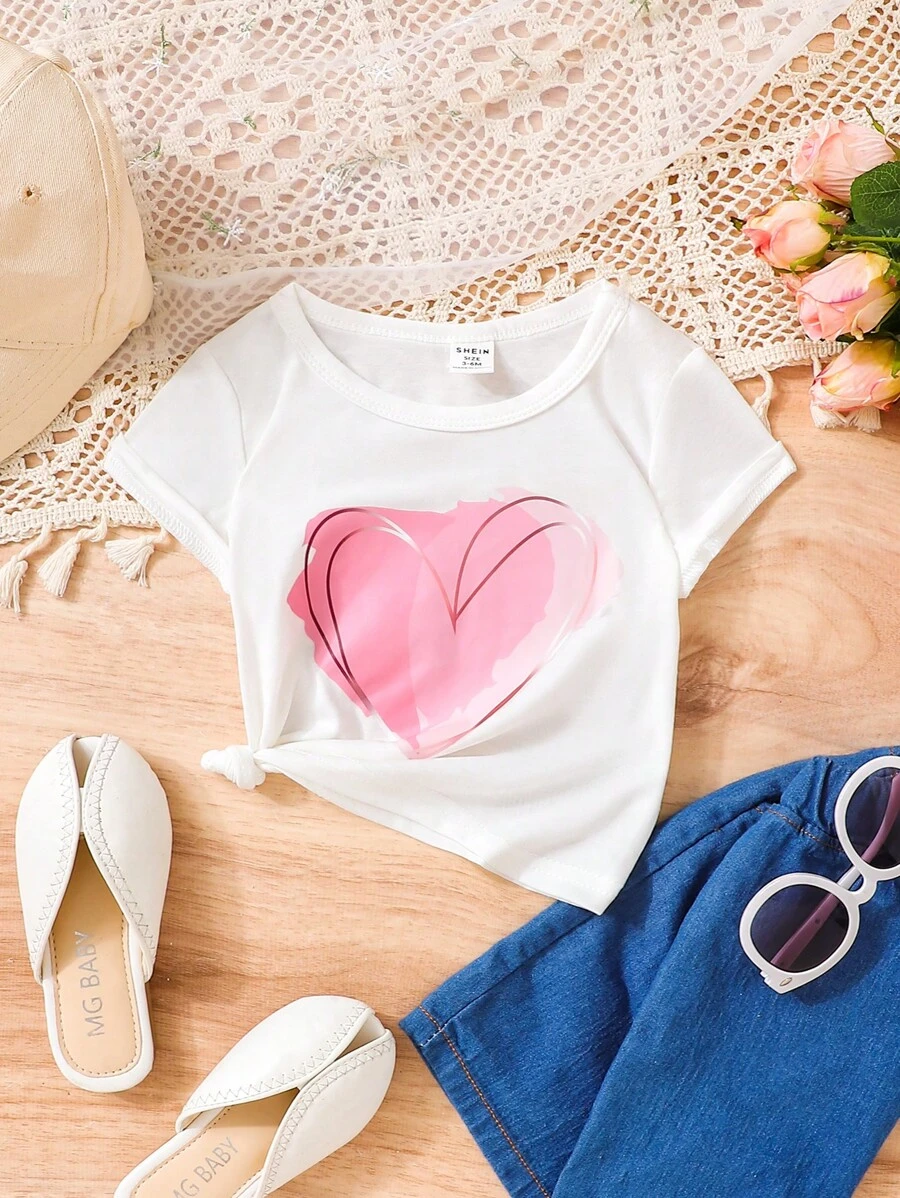SHEIN 新生兒夏季休閒可愛實用百搭基本款Y2k、多巴胺和心形印花T恤 - 白色 - 查看 1