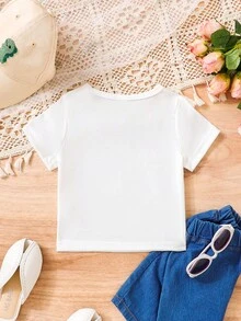 SHEIN 新生兒夏季休閒可愛實用百搭基本款Y2k、多巴胺和心形印花T恤 - 白色 - 查看 2