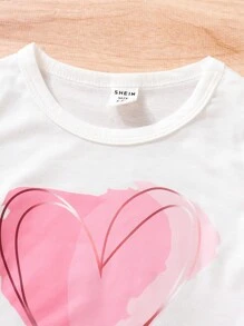 SHEIN 新生兒夏季休閒可愛實用百搭基本款Y2k、多巴胺和心形印花T恤 - 白色 - 查看 4
