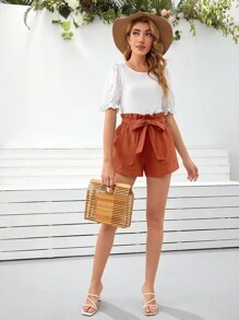 SHEIN Frenchy 紙袋腰附腰帶短褲 - 亮橙色 - 查看 5