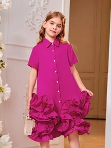 SHEIN 女孩素色荷葉邊前紐扣襯衫洋裝 - 玫紅色 - 查看 1