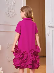 SHEIN 女孩素色荷葉邊前紐扣襯衫洋裝 - 玫紅色 - 查看 2