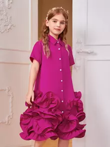 SHEIN 女孩素色荷葉邊前紐扣襯衫洋裝 - 玫紅色 - 查看 3