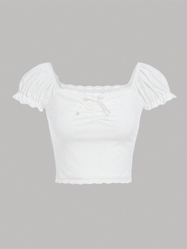 SHEIN Girlism Chicas adolescentes Camiseta con bordado con ojal de manga farol con cordón delantero