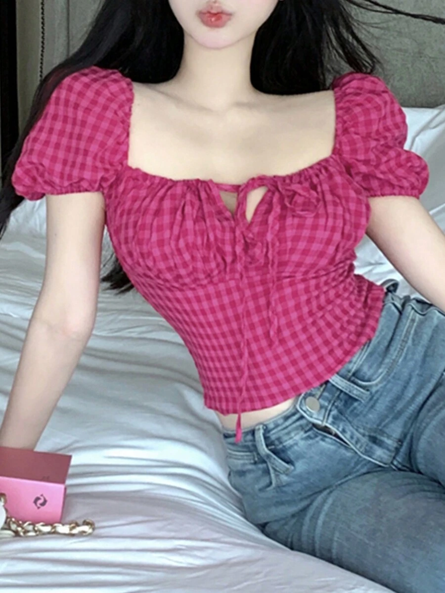 Gingham Tie Front Ruched Bust Puff Sleeve Crop Blouse - Red Violet - View 1