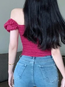 Gingham Tie Front Ruched Bust Puff Sleeve Crop Blouse - Red Violet - View 2