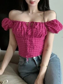 Gingham Tie Front Ruched Bust Puff Sleeve Crop Blouse - Red Violet - View 5