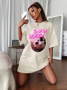 SHEIN Unity Letter Graphic Drop Shoulder Tee Dress - Beige - View 6