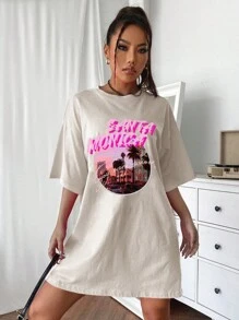 SHEIN Unity Letter Graphic Drop Shoulder Tee Dress - Beige - View 4