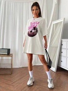SHEIN Unity Letter Graphic Drop Shoulder Tee Dress - Beige - View 5