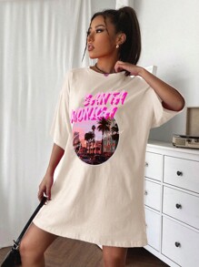 SHEIN Unity Letter Graphic Drop Shoulder Tee Dress - Beige - View 7