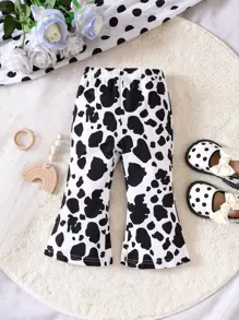 Baby Cow Print Flare Leg Trousers - Black and White - View 1
