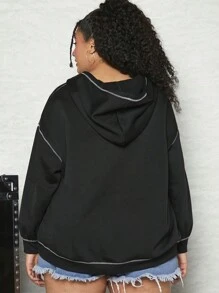 SHEIN CURVE+ 加大码明线缝制落肩抽绳卫衣 - 黑色 - 查看 2