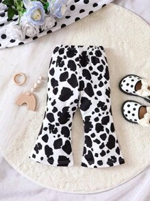 Baby Cow Print Flare Leg Trousers - Black and White - View 2