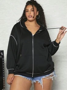 SHEIN CURVE+ 加大码明线缝制落肩抽绳卫衣 - 黑色 - 查看 4