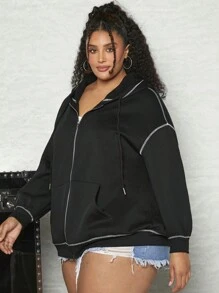SHEIN CURVE+ 加大码明线缝制落肩抽绳卫衣 - 黑色 - 查看 6