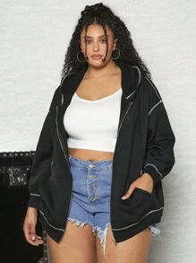 SHEIN CURVE+ 加大码明线缝制落肩抽绳卫衣 - 黑色 - 查看 1