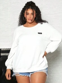 SHEIN CURVE+ 大碼字母貼布落肩袖運動衫 - 白色 - 查看 4