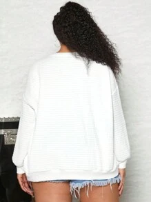 SHEIN CURVE+ 大碼字母貼布落肩袖運動衫 - 白色 - 查看 2